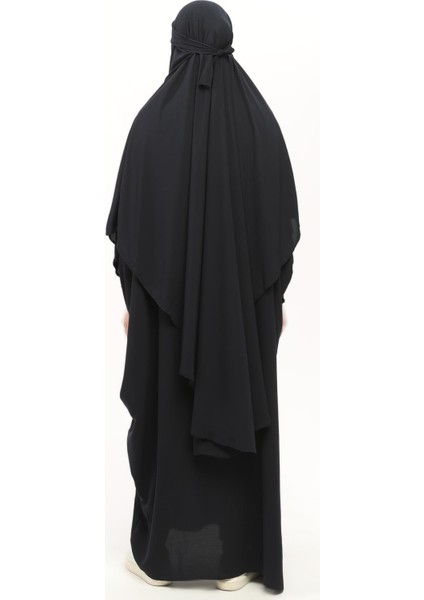 Sultanbaş Nikaplı Çarşaf Cilbab Khimar Abaya Kolu Lastikli Hakim Yaka Peçeli Ferace Medine İpek-Lacivert-L/XL