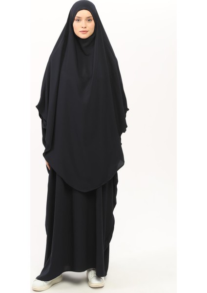 Sultanbaş Nikaplı Çarşaf Cilbab Khimar Abaya Kolu Lastikli Hakim Yaka Peçeli Ferace Medine İpek-Lacivert-L/XL