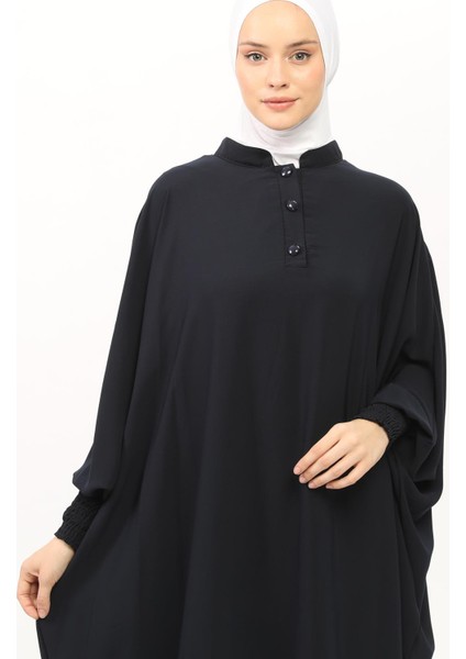 Sultanbaş Nikaplı Çarşaf Cilbab Khimar Abaya Kolu Lastikli Hakim Yaka Peçeli Ferace Medine İpek-Lacivert-L/XL