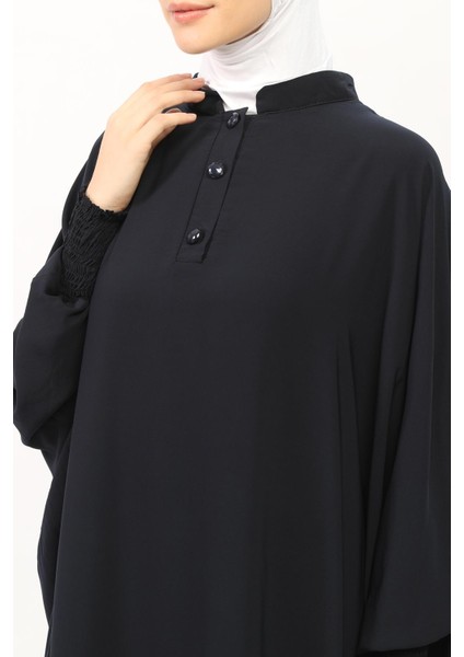 Sultanbaş Nikaplı Çarşaf Cilbab Khimar Abaya Kolu Lastikli Hakim Yaka Peçeli Ferace Medine İpek-Lacivert-L/XL