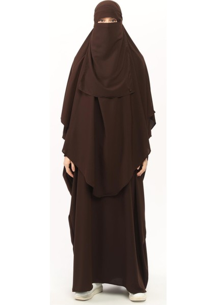 Sultanbaş Nikaplı Çarşaf Cilbab Khimar Abaya Kolu Lastikli Hakim Yaka Peçeli Ferace Medine İpek-Kahverengi-L/XL