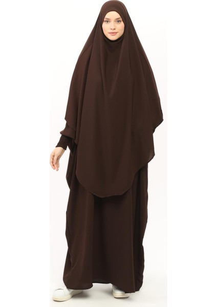 Sultanbaş Nikaplı Çarşaf Cilbab Khimar Abaya Kolu Lastikli Hakim Yaka Peçeli Ferace Medine İpek-Kahverengi-L/XL