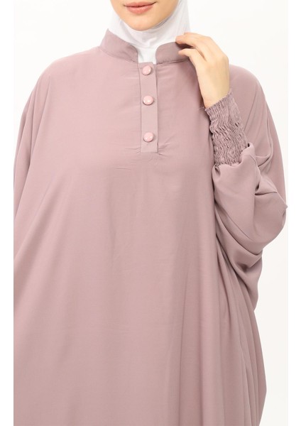 Sultanbaş Nikaplı Çarşaf Cilbab Khimar Abaya Kolu Lastikli Hakim Yaka Peçeli Ferace Medine İpek-Gül Kurusu-S/M
