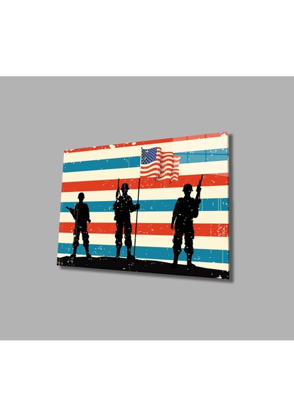 Askerli Amerika Bayrağı Cam Tablo Soldier America Flag