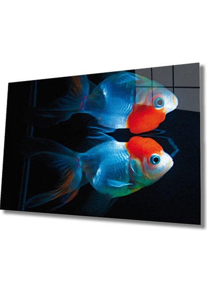 Mavi Kırmızı Cam Tablo Blue Red Fish