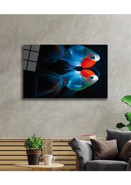 Mavi Kırmızı Cam Tablo Blue Red Fish