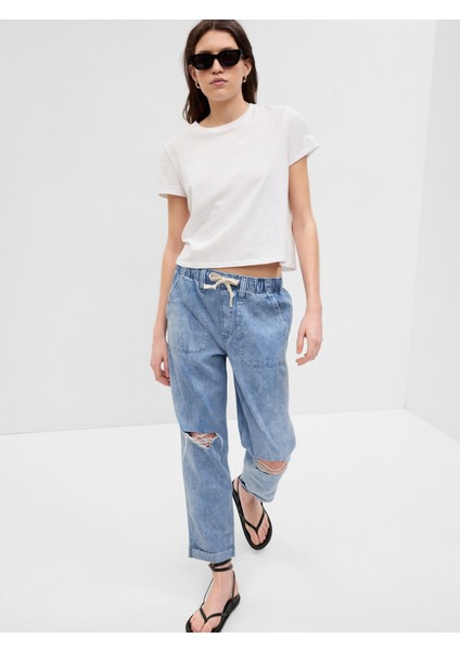 Kadın Mavi Mid Rise Easy Pull-On Jean Pantolon