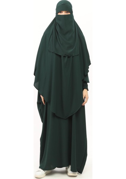 Sultanbaş Nikaplı Çarşaf Cilbab Khimar Abaya Kolu Lastikli Hakim Yaka Peçeli Ferace Medine İpek-Zümrüt Yeşili-S/M