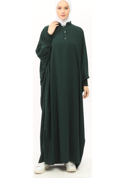 Sultanbaş Nikaplı Çarşaf Cilbab Khimar Abaya Kolu Lastikli Hakim Yaka Peçeli Ferace Medine İpek-Zümrüt Yeşili-S/M