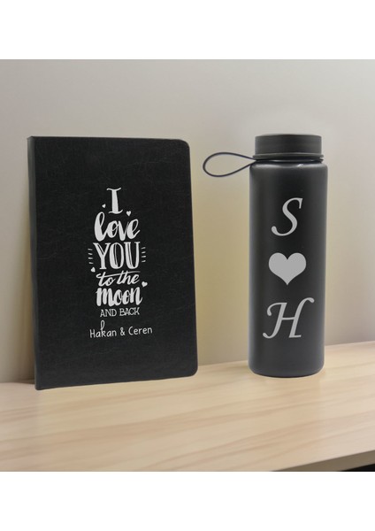 Sevgiliye Özel Isimli Siyah Defter ve Cam Matara Seti 2