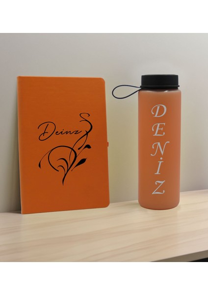 Kişiye Özel Isimli Turuncu Defter ve Somon Cam Matara Seti 6