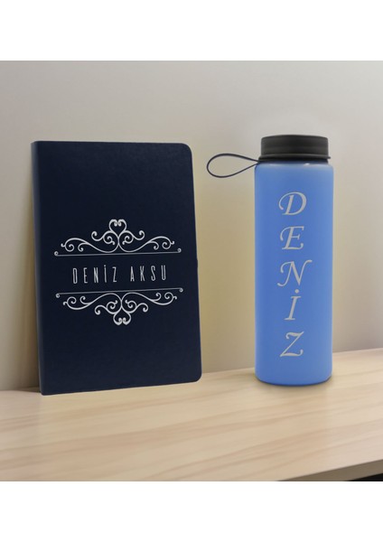 Kişiye Özel Isimli Lacivert Defter ve Mavi Cam Matara Seti 8