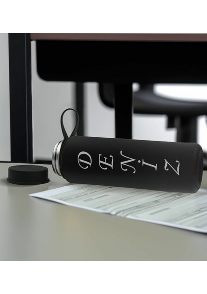 Kişiye Özel Isimli Siyah Defter ve Cam Matara Seti 6
