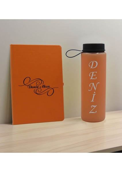 Kişiye Özel Isimli Turuncu Defter ve Somon Cam Matara Seti 3