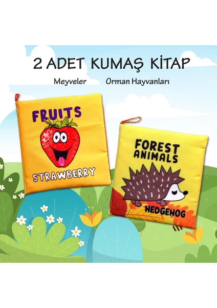 CLZ247 2 Kitap  Ingilizce Meyveler ve Orman Hayvanları Kumaş Sessiz Kitap