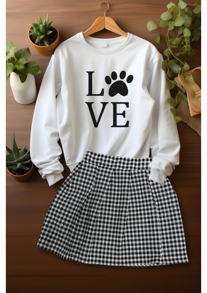 Tarz Ekose Etek Love Pati Sweat Etek Alt Üst Takım
