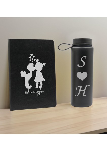 Sevgiliye Özel Isimli Siyah Defter ve Cam Matara Seti 11