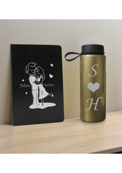 Sevgiliye Özel Isimli Siyah Defter ve Gold Cam Matara Seti 5