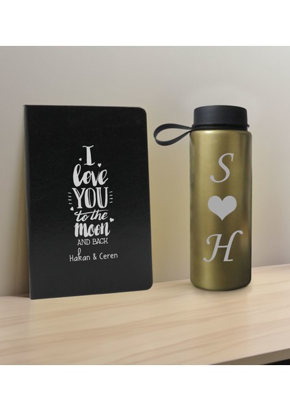 Sevgiliye Özel Isimli Siyah Defter ve Gold Cam Matara Seti 2