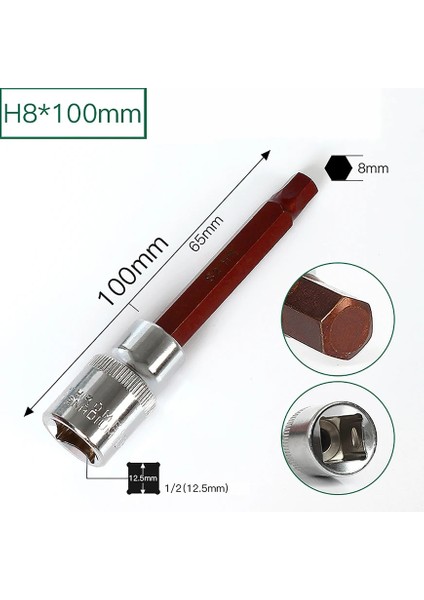 100 mm x H8 Stili 1 Parça Quare Sürücü Lokma Anahtarı Altıgen Cırcır Tornavida Uçları Adaptör Kafası Uzun H4 H5 H6 H7 H8 H10 H12 H14 H16 H17 (Yurt Dışından)