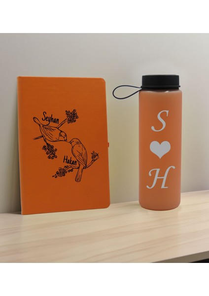 Sevgiliye Özel Isimli Turuncu Defter ve Somon Cam Matara Hediye Seti-11, Sevgiliye Hediye, Sevgililer Günü, Yeni Iş Hediyesi