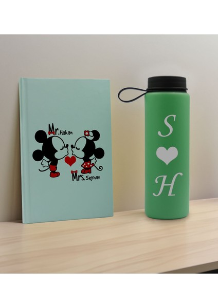 Sevgiliye Özel Isimli Su Yeşili Defter ve Yeşil Cam Matara Hediye Seti-5, Sevgiliye Hediye, Sevgililer Günü, Yeni Iş Hediyesi