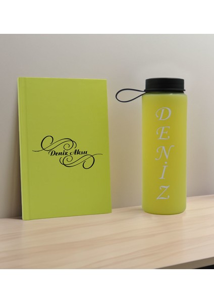 Kişiye Özel Isimli Sarı Defter ve Matara Hediye Seti-3, Sevgiliye Hediye, Arkadaşa Hediye, Yeni Iş Hediyesi