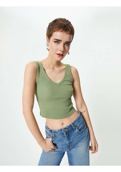 Crop V Yaka Atlet Pamuklu Ribanalı Slim Fit