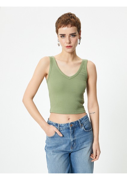 Crop V Yaka Atlet Pamuklu Ribanalı Slim Fit