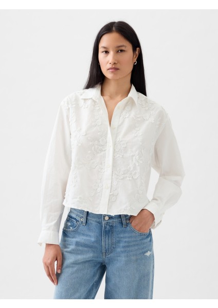 Kadın Kırık Beyaz Çiçek Motifli Crop Gömlek