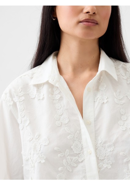 Kadın Kırık Beyaz Çiçek Motifli Crop Gömlek modelleri