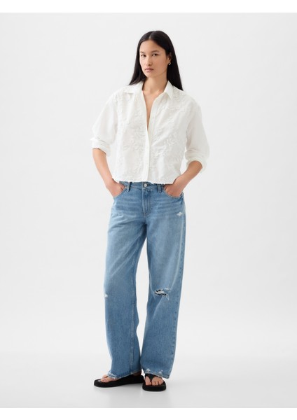 Kadın Kırık Beyaz Çiçek Motifli Crop Gömlek fırsatları