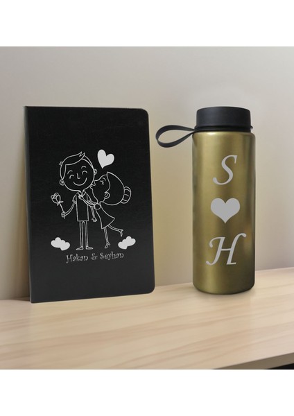 Sevgiliye Özel Isimli Siyah Defter ve Gold Cam Matara Hediye Seti-4, Sevgiliye Hediye, Sevgililer Günü, Yeni Iş Hediyesi