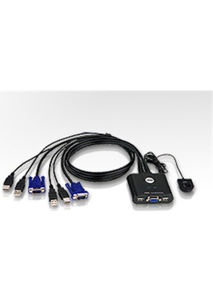 2 Port USB VGA KVM (Keyboard/Video Monitor/Mouse) Switch, Masaüstü Tip, KVM bağlantı kablosu ürüne gömülüdür 2-Port USB VGA Cable KVM Switch with Remote Port Selector