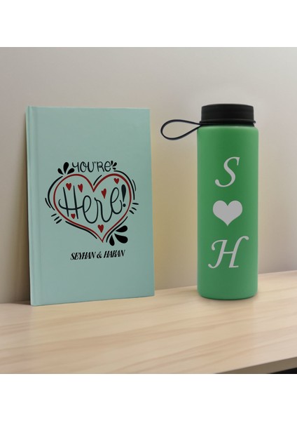 Sevgiliye Özel Isimli Su Yeşili Defter ve Yeşil Cam Matara Hediye Seti-12, Sevgiliye Hediye, Sevgililer Günü, Yeni Iş Hediyesi