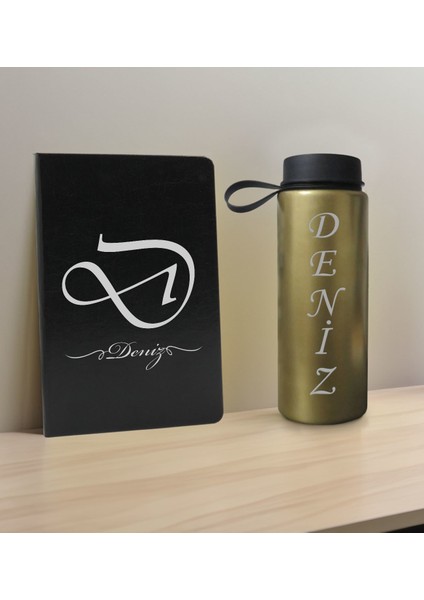 Kişiye Özel Isimli Siyah Defter ve Gold Cam Matara Hediye Seti-2, Sevgiliye Hediye, Arkadaşa Hediye, Yeni Iş Hediyesi