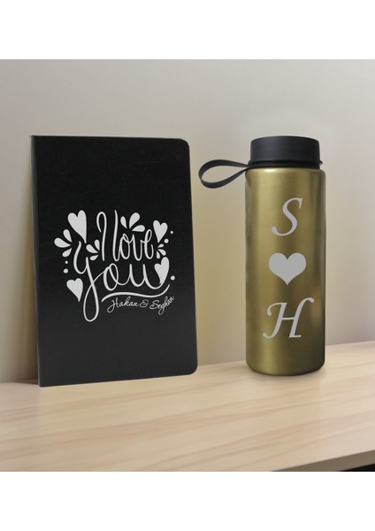 Sevgiliye Özel Isimli Siyah Defter ve Gold Cam Matara Hediye Seti-8, Sevgiliye Hediye, Sevgililer Günü, Yeni Iş Hediyesi