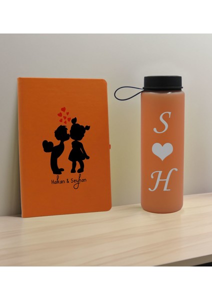 Sevgiliye Özel Isimli Turuncu Defter ve Somon Cam Matara Hediye Seti-16, Sevgiliye Hediye, Sevgililer Günü, Yeni Iş Hediyesi