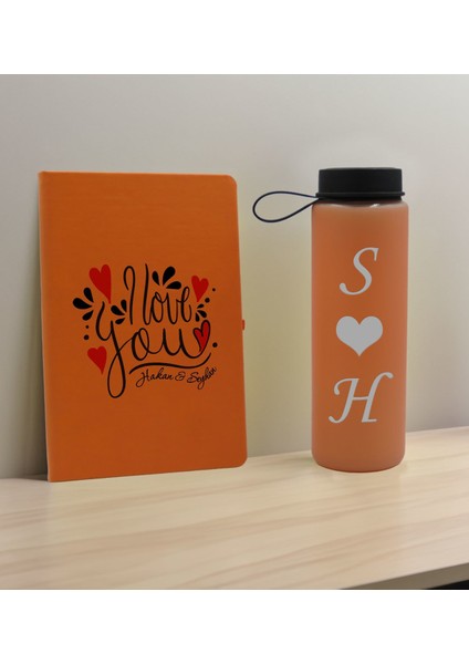 Sevgiliye Özel Isimli Turuncu Defter ve Somon Cam Matara Hediye Seti-13, Sevgiliye Hediye, Sevgililer Günü, Yeni Iş Hediyesi