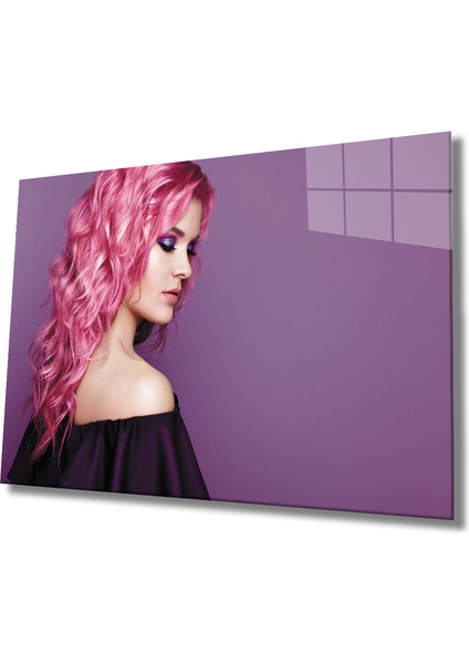 Pembe Saçlı Kadın Cam Tablo Pink Haired