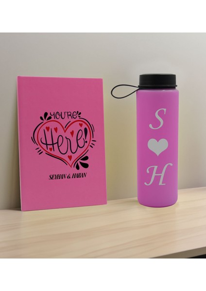 Sevgiliye Özel Isimli Pembe Defter ve Cam Matara Hediye Seti-12, Sevgiliye Hediye, Sevgililer Günü, Yeni iş hediyesi