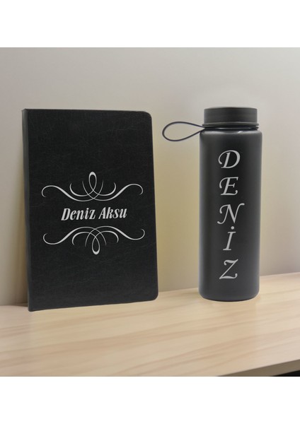 Kişiye Özel Isimli Siyah Defter ve Cam Matara Hediye Seti-7, Sevgiliye Hediye, Arkadaşa Hediye, Yeni Iş Hediyesi