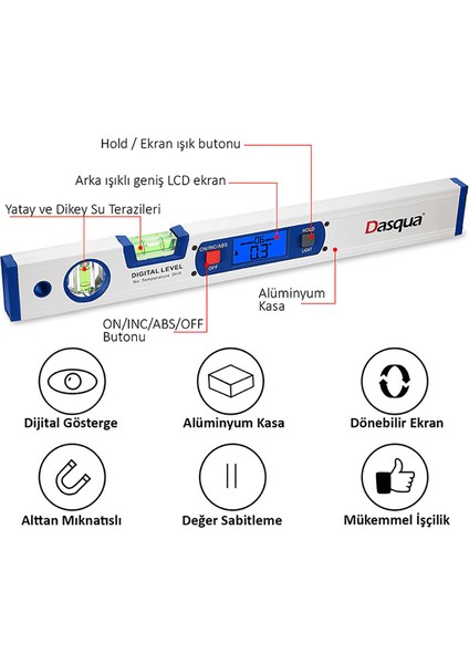 DASQUA-8301-2645 Dijital Eğim Ölçer 40CM (Su Terazili)