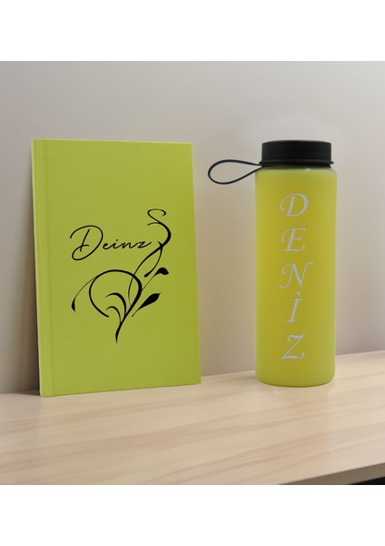Kişiye Özel Isimli Sarı Defter ve Matara Hediye Seti-6, Sevgiliye Hediye, Arkadaşa Hediye, Yeni Iş Hediyesi
