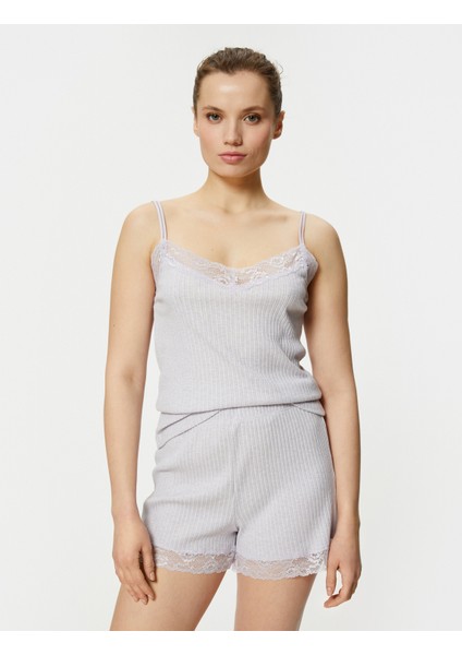Pijama Üstü Ince Askılı Dantel Detaylı Fitilli