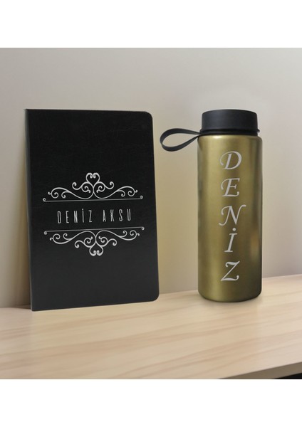 Kişiye Özel Isimli Siyah Defter ve Gold Cam Matara Hediye Seti-8, Sevgiliye Hediye, Arkadaşa Hediye, Yeni Iş Hediyesi