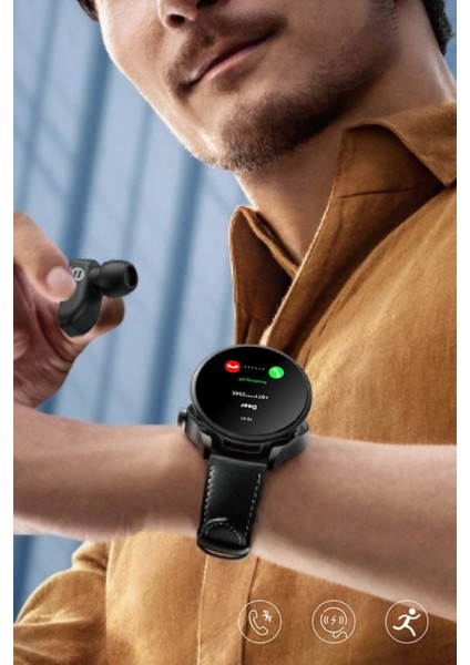 RW-37 Bluetooth Kulaklıklı 2si 1 Arada Gps/nfc/siri Destekli Deri Kordonlu Watch Buds Akıllı Saat