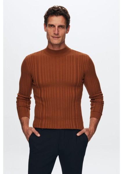 Slim Fit Tarçın Fitilli Pamuk Karışımlı Yarım Balıkçı Dar Kesim Vücudu Saran Triko Kazak 5HF06ORT64100