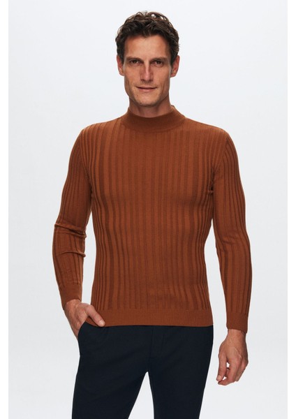 Slim Fit Tarçın Fitilli Pamuk Karışımlı Yarım Balıkçı Dar Kesim Vücudu Saran Triko Kazak 5HF06ORT64100