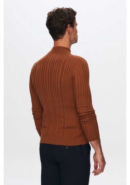 Slim Fit Tarçın Fitilli Pamuk Karışımlı Yarım Balıkçı Dar Kesim Vücudu Saran Triko Kazak 5HF06ORT64100